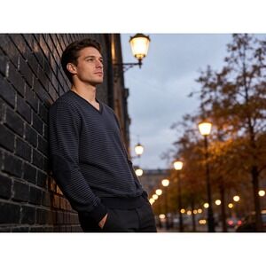 Pronto Uomo Mens XXL Merino Wool Blend Striped V-Neck Sweater Elbow Patches Navy